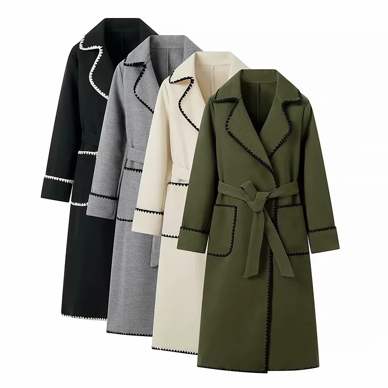 Women's Clothing autumn and winter popular warm long sleeved lapel ladies woolen lace up coat_voghion.com