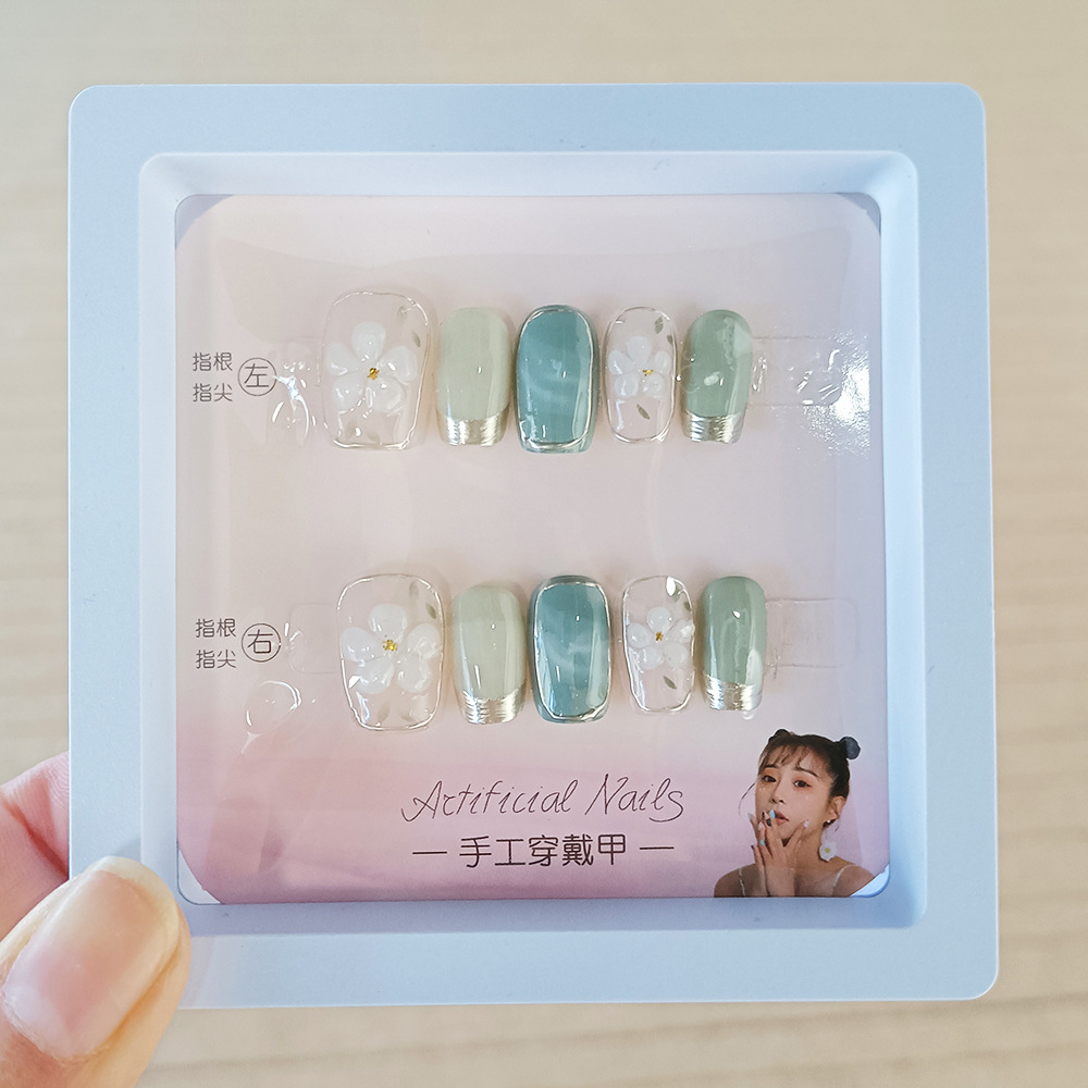 10 piezas de frutas de hielo verde camellia de uñas parche de uñas fresco pequeño parche de uñas de fototerapia hecha a mano de la uña francesa