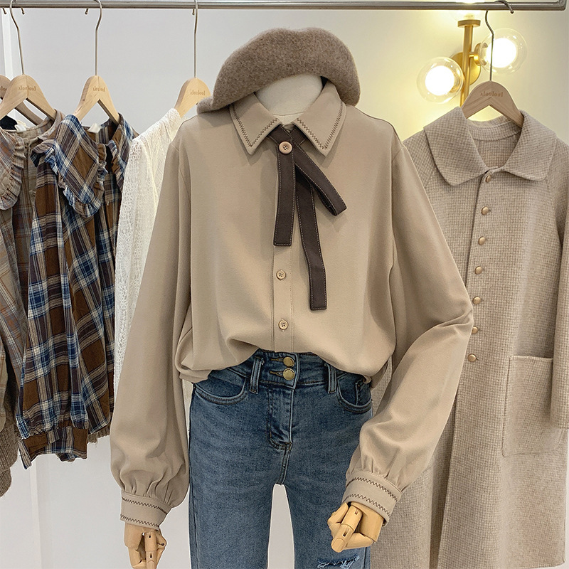 College Style Bow Tie Brushed Shirt for Women, New Autumn and Winter Fashionable Long-Sleeved Top Shirt