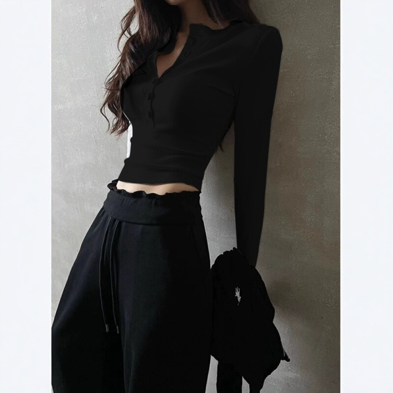 Hot Girl Black V-Neck Long-Sleeved Inner Layering Shirt for Women Spring and Autum New Right Shoulder T-Shirt Slim Tight Short Top