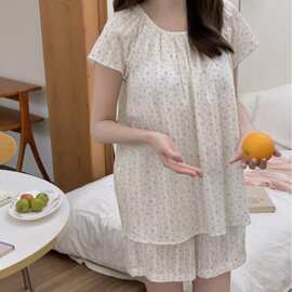 韩国ins女士夏季新品韩系针织小蓝花家居服睡衣套装带胸垫可外穿