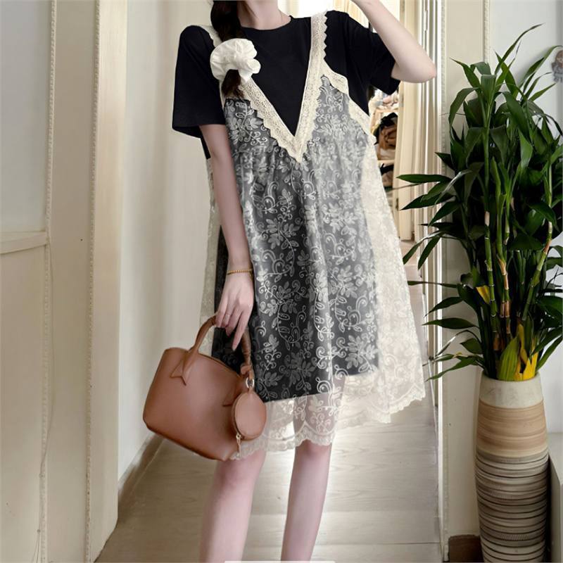 Summer New Korean Style Sweet Lace Splicing Fake Two-Piece Slim Mid-Length Dress L995