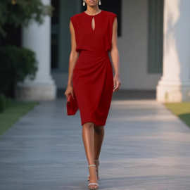 2025欧美女装 亚马逊 独立站复古气质交叉纯色打结圆领镂空连衣裙