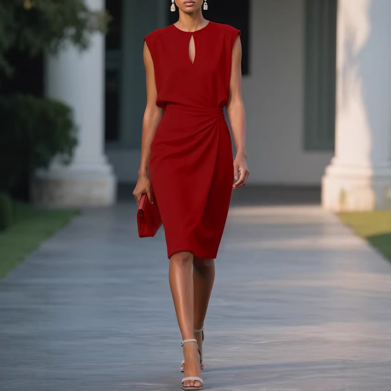 2025 European and American Women's Fashion Amazon Independent Site Vintage Style Cross-Over Solid Color Knotted Round Neck Cut-Out Dress