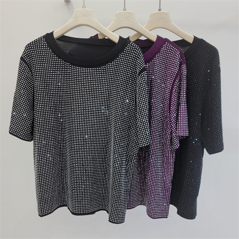 Diseño de diamante caliente de industria pesada sensación de cuello redondo chaqueta de alta calidad gran sensación de camiseta de verano de mujer nueva moda de blusa suelta versátil image 1