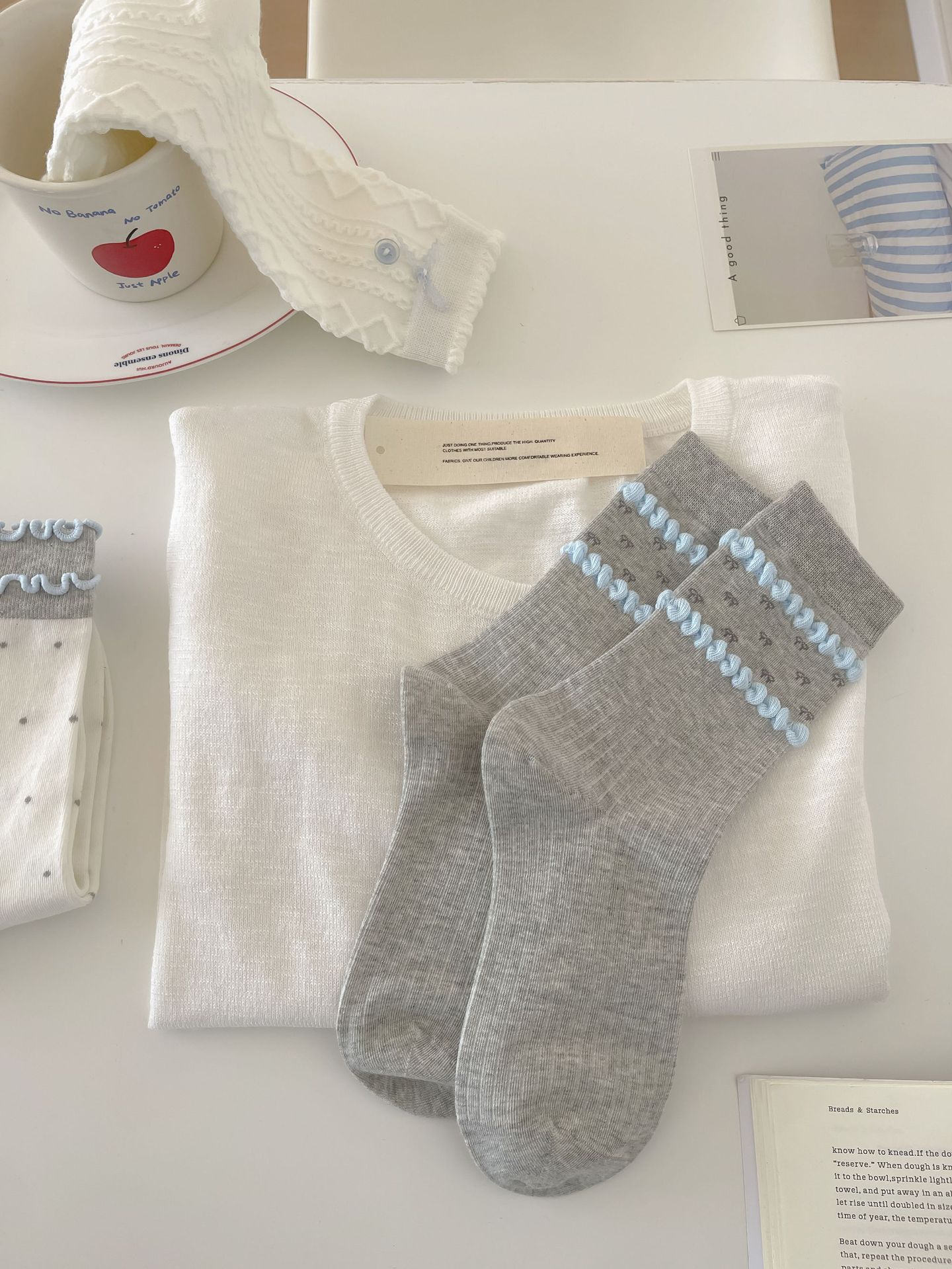 Vintage Coquette Pastel Blue and Gray Ruffle Cotton Crew Socks for Kawaii Aesthetics Detail View 2