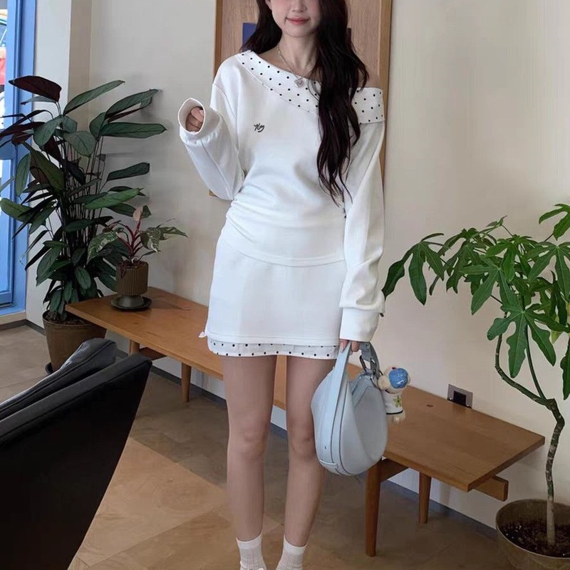 一字肩斜肩波点卫衣长袖T恤上衣女早秋季新款高腰显瘦半身裙套装|undefined