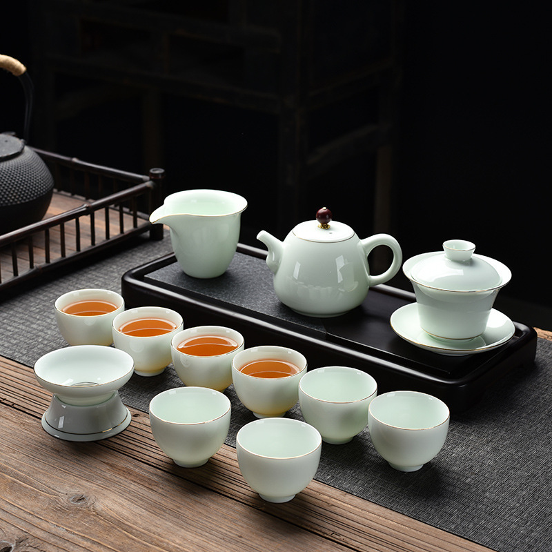 Yingqing sheep fat jade kung fu tea set suit side handle pot cover bowl tea cup set ceramic business gift box gift LOGO