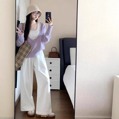 秋装穿搭一整套大码胖女装紫色针织衫吊带阔腿裤感时尚三件套