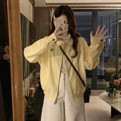 熹凤梨檬黄纽扣翻领外套女2025春秋新款休闲百搭夹克上衣外套