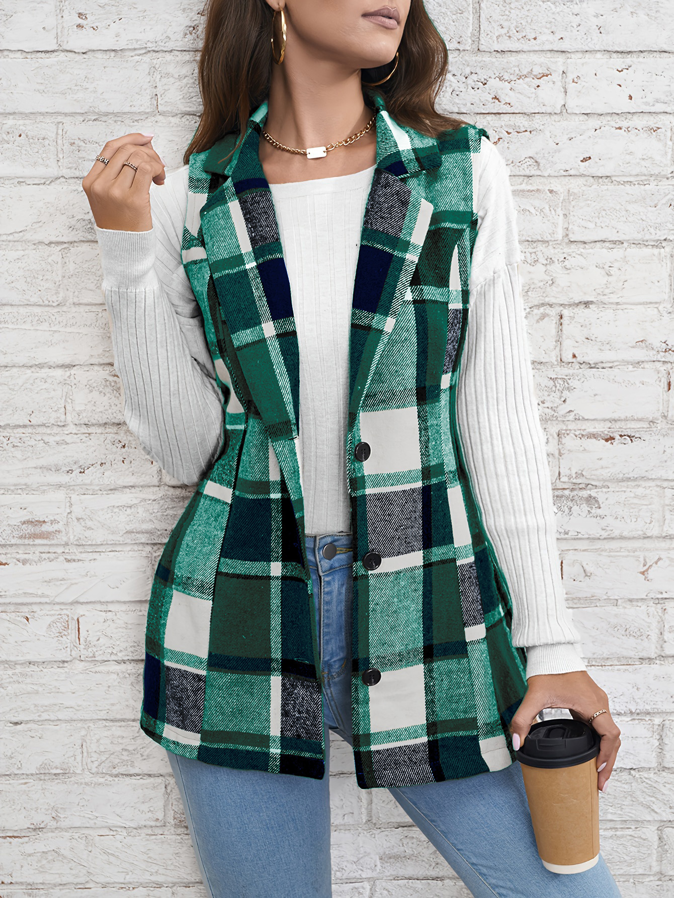 Fashion women‘s lapel suit vest plaid jacket