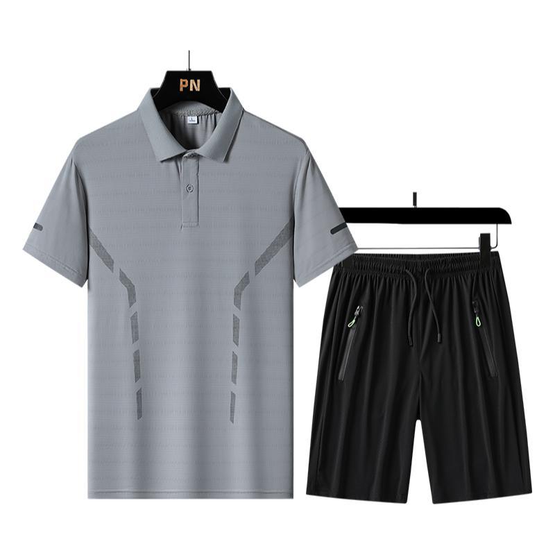 Camiseta de polo de hombre de verano con solapa casual camiseta de manga corta fría delgada camiseta de secado rápido pantalones cortos de dos piezas al por mayor