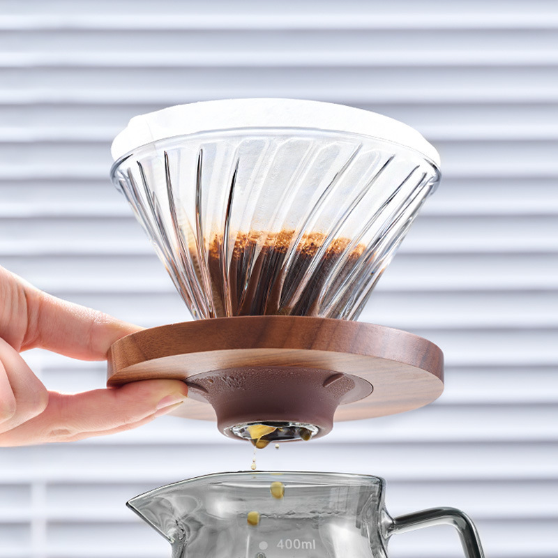 手淹れコーヒーフィルターカップ V60 スパイラルフィルターシリコンウォールナットホルダー取り外し可能なカップホルダーガラスドリップ漏斗|undefined