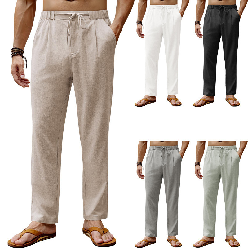 European and American Amazon 2025 Men's Linen Pants Casual Elastic Waist Drawstring Yoga Beach Pants Lightweight Loose Pants European and American Amazon 2025 Men's Linen Pants Casual Elastic Waist Drawstring Yoga Beach Pants Lightweight Loose Pants