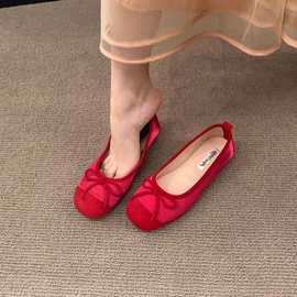 平底温柔晚晚鞋法式小红色单鞋女鞋子2024春夏季软底银色芭蕾舞鞋