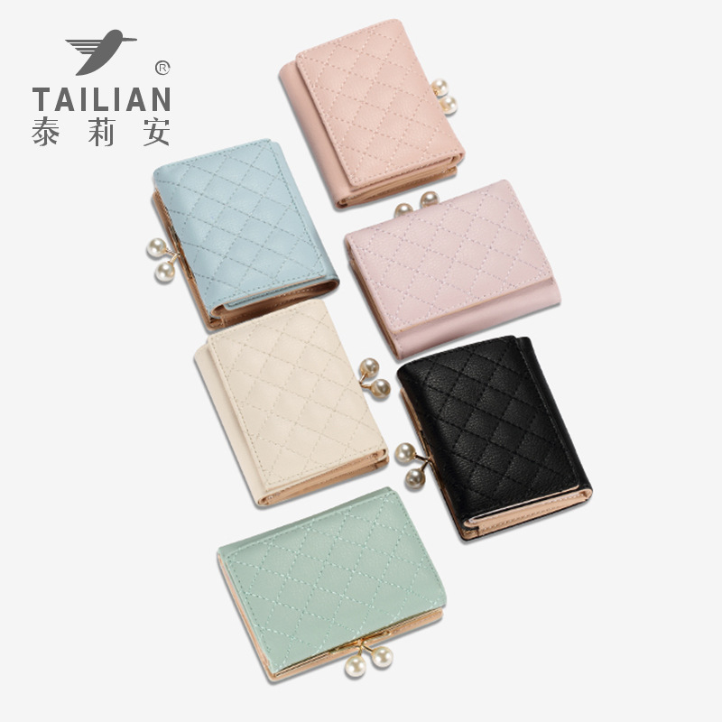 Cartera corta para mujer estilo Chanel, bordado de hilo, con perlas, clip pequeño, monedero de moda Terian.