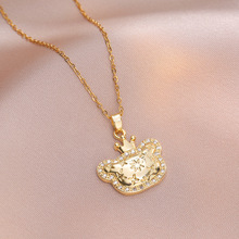 项链女 日韩风网红猫咪皇冠锆石小众新款设计感吊坠气质钛钢项链