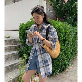 韩系蓝色格子衬衫女2025新款设计感小众衬衣宽松气质外套上衣