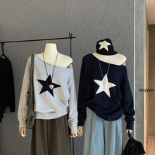 WGWE秋冬新款韩系时髦五角星图案宽松显瘦一字肩长袖针织衫W7263