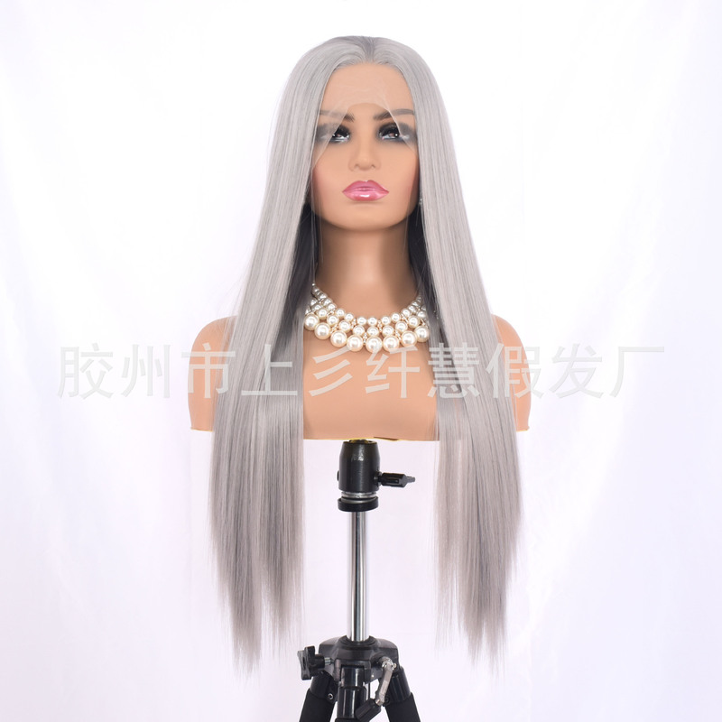 European and American wig front lace ladies long straight hair gray matte chemical fiber whole top wig wigs manufacturers direct supply