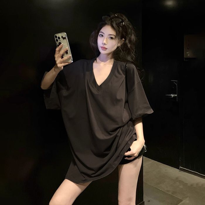 プラスサイズファットMM韓国風カジュアルレイジースタイルVネック半袖Tシャツレディース夏新作ゆったり痩身カバーアップ服|undefined