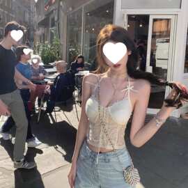 蕾丝性感女新款上衣奢华蝴蝶结复古花卉挂脖夏季拼接