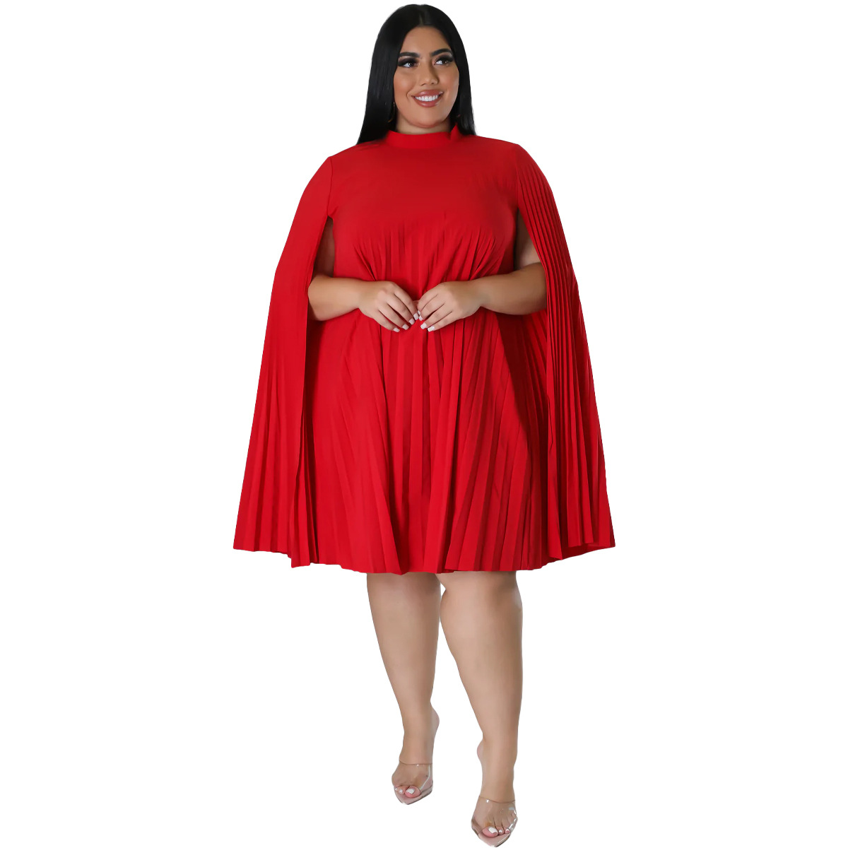 Fashion Solid Color Round Neck Long Sleeve Patchwork Polyester Plus Size Knee-Length Pleated Skirt