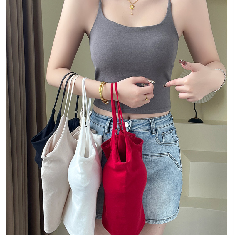 夏季甜辣妹细带吊带背心女 内搭固定杯打底美背内衣外穿纯棉上衣