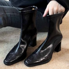 软皮版~法式方头气质高跟瘦瘦靴女英伦风复古休闲后拉链弹力短靴