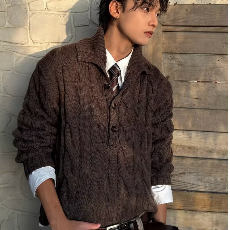 Men's Cable Knit Sweater Chunky Embossed Texture Pullover Jumper_voghion.com