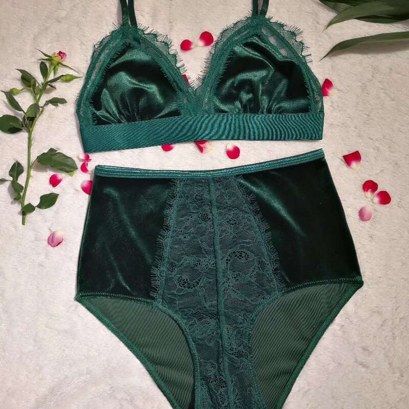 Gold velvet triangle cup bralette with high waist underwear without steel ring lace bra set a generation of hair