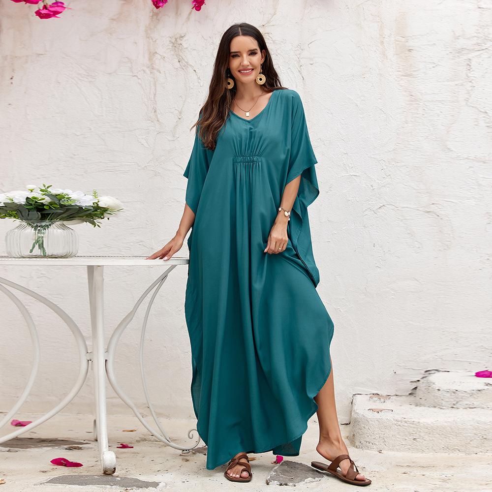 9 colores transfronterizos rayón europeo y americano color sólido elegante traje de vacaciones vestido bikini protección solar camisa traje de baño femenino S918