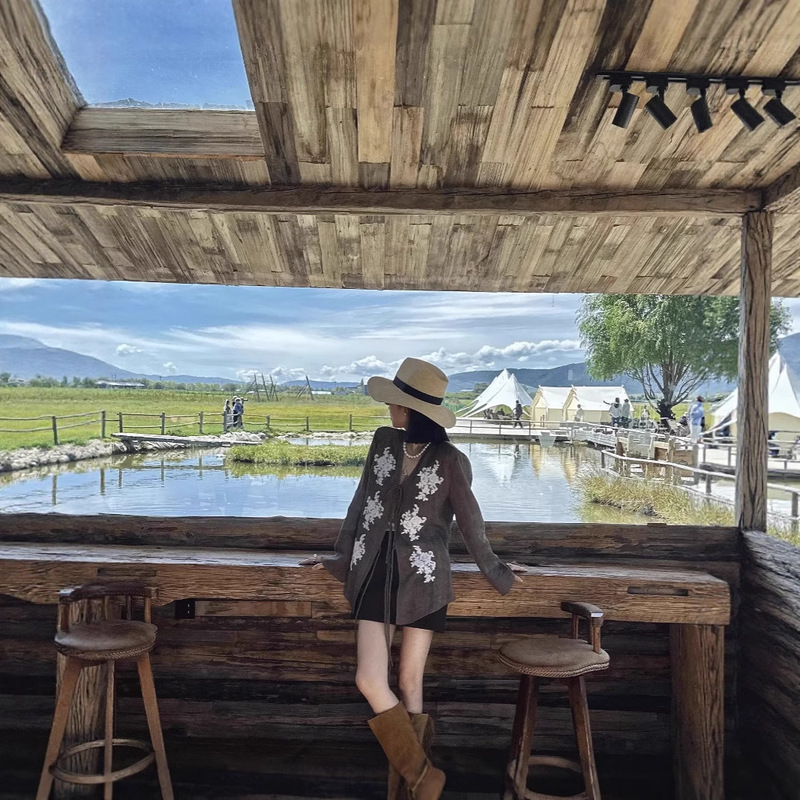 Hazy Bone-Feeling Cross Linen Hand-Stitched Car-Bone Lace Flower Trumpet Sleeve Ribbon V Neck Shirt Sun Protection Clothing