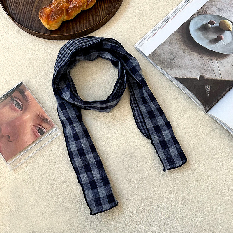 Pañuelo de seda largo, bufanda delgada y estrecha a cuadros retro de alta calidad, bufanda versátil, pañuelo en la cabeza, cinturón decorativo para el cabello