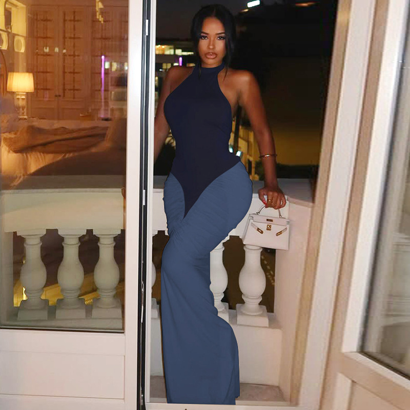 GraceChic European And American Fashion Cross-Border New Sexy Backless Halter Neck Patchwork Color-Block Long Bodycon Dress_voghion.com