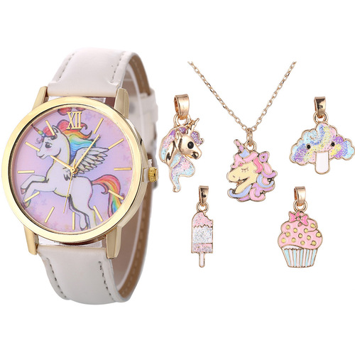 A05713 Children's Fashion Cartoon Unicorn Dial Belt Quartz Watch + Necklace Random Combination Set