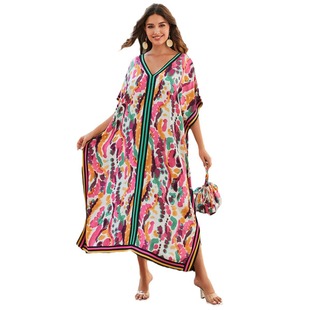 Beach blouse long loose rayon printed dress with handbag cross-border Amazon 8768 Y