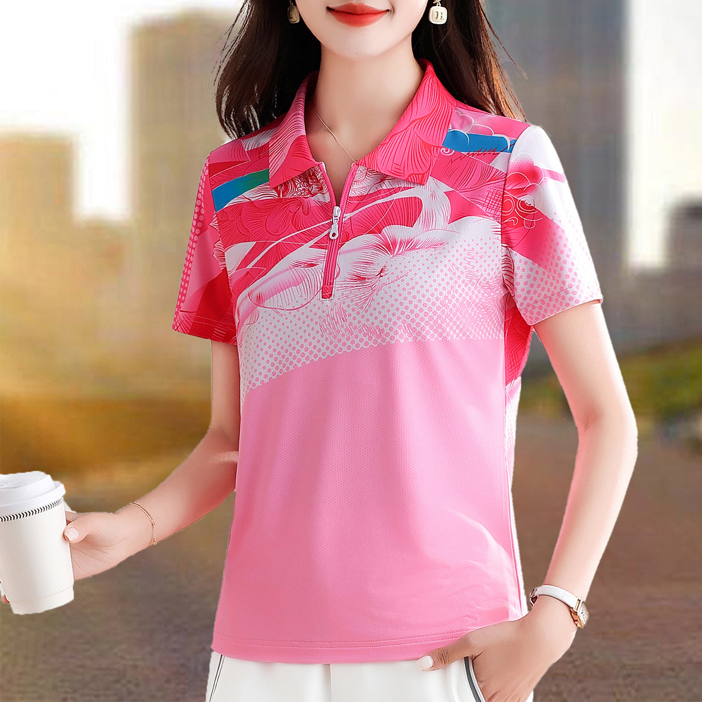 Polo Collar Quick-Dry Ice Silk Short-Sleeve T-Shirt for Women, Summer 2026 New Style, Loose Fit, Middle-Aged Mom's Running Top