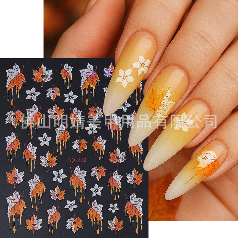 New Cross-Border Autumn Series Nail Art Stickers Ins Style Maple Leaf Flowers Shell Light Fallen Leaves Adhesive Nail Decals