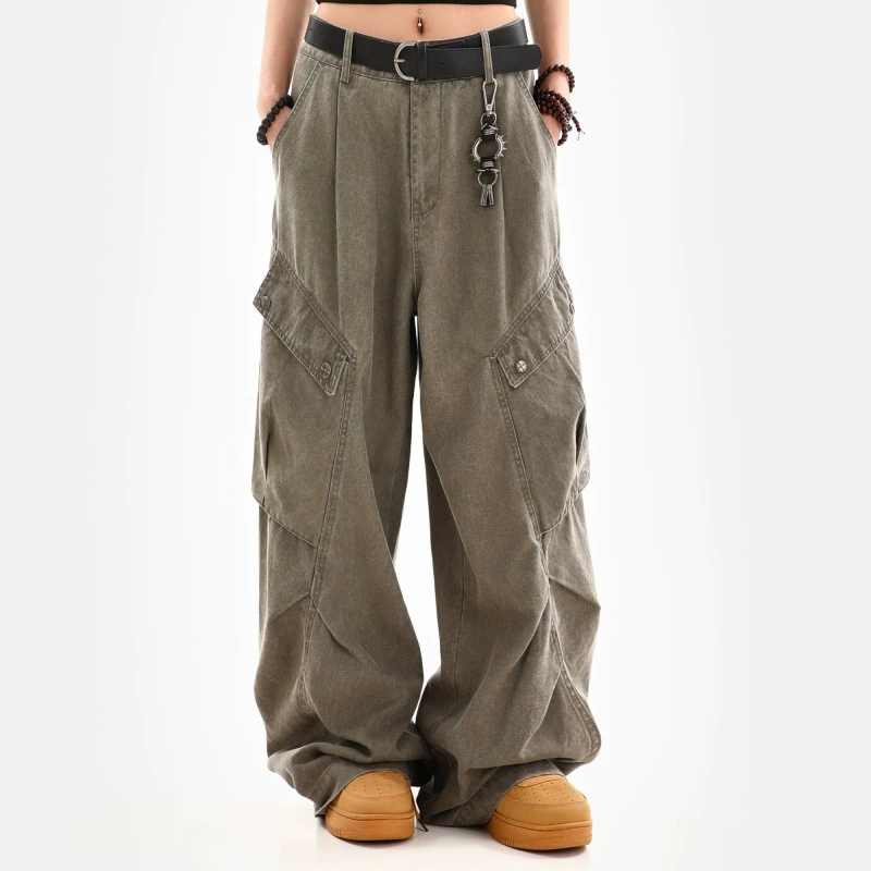 Женские повседневные джинсы-брюки в американском стиле, универсальные, с эффектом потертости, плиссированные, с большими карманами, рабочие, длиной в пол, широкие штанины, из льна, модель 2024 года.