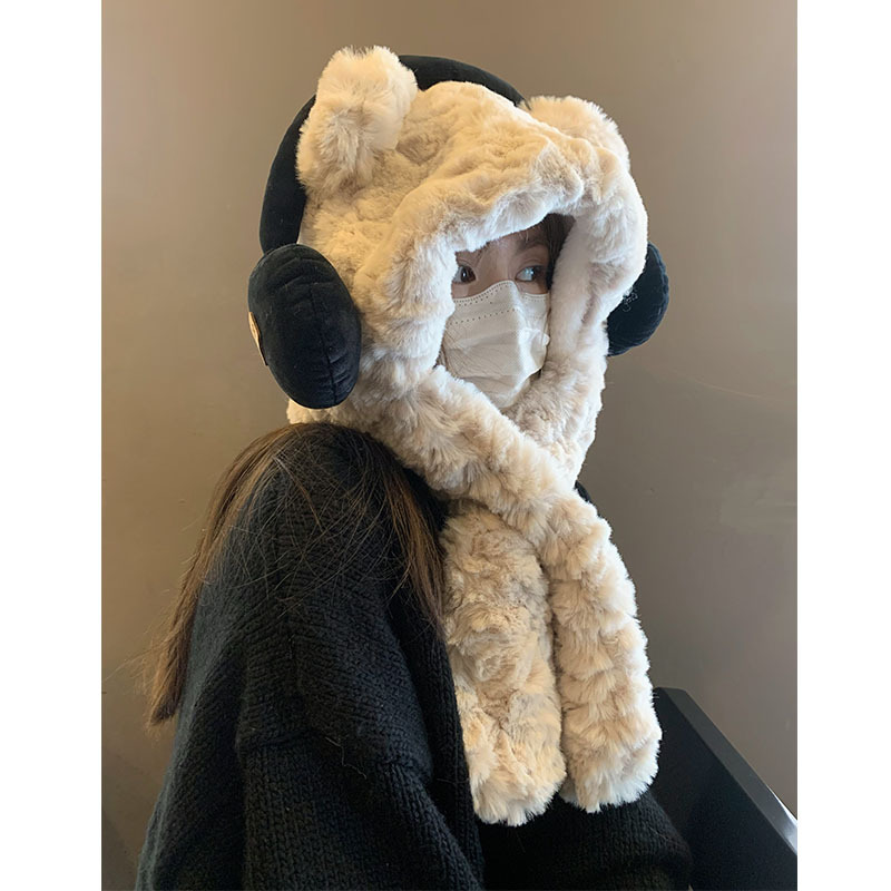 Furry winter thick cute headphones, teddy bear scarf in one, plush ear protection, Lei Feng hat, headband cover_viptrois.com