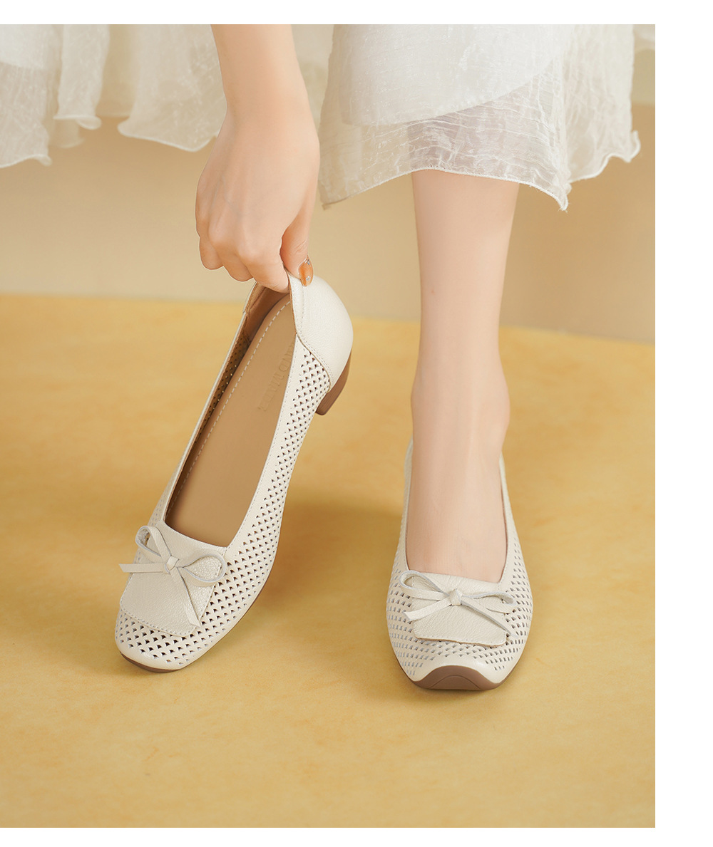 Giày cao gót nữ da cừu mũi nhọn gót vuông ổn định 3.5cm nơ bướm — màu trắng ngà chi tiết 9