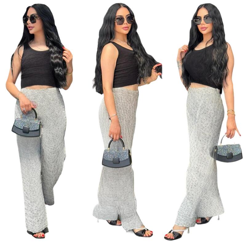 Q6298 European and American Cross-Border Women's Clothing, Fashionable Casual Slim-Fit Tops, Trendy Jacquard Wide-Leg Jeans