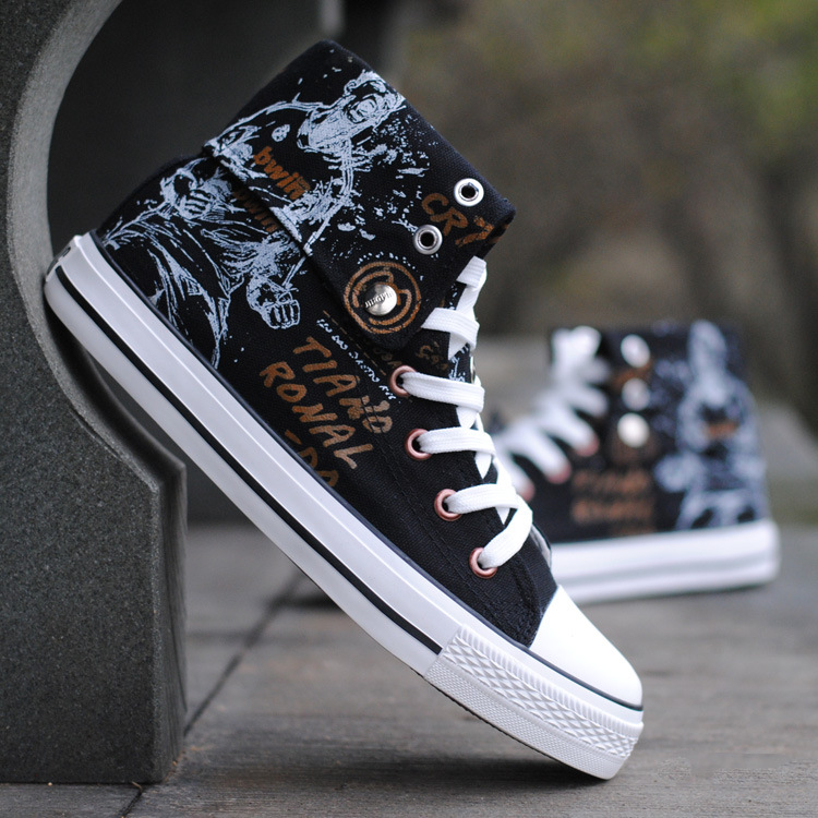 High-top Canvas Shoes Men's Casual Shoes Korean Style Trendy Shoes Board Shoes Flat Rubber Shoes Vulcanized Shoes Round Toe F88 Black