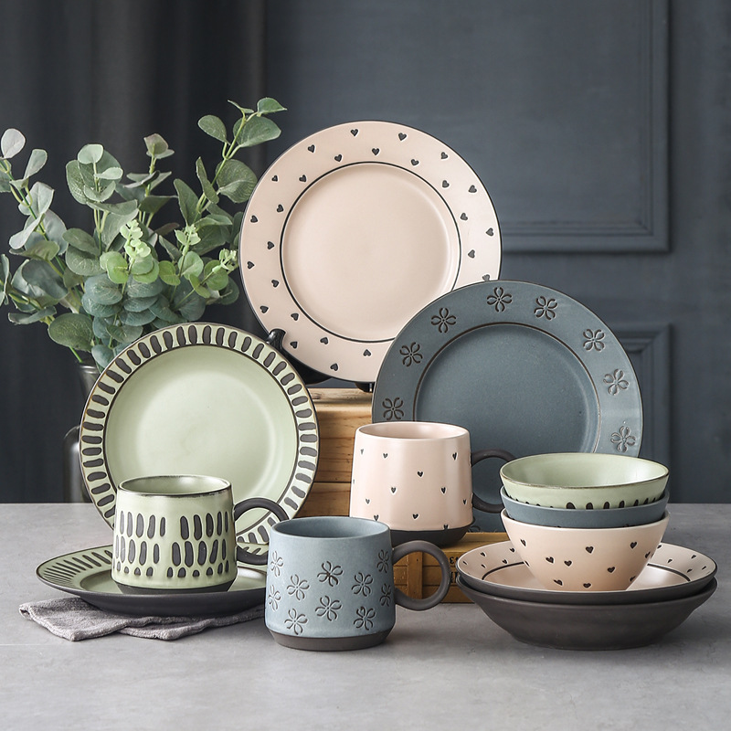 Vintage tableware stoneware hand-painted plate ing wind home wholesale one-person Bowl and dish set four-piece bowl chopsticks spoon Vintage tableware stoneware hand-painted plate ing wind home wholesale one-person Bowl and dish set four-piece bowl chopsticks spoon
