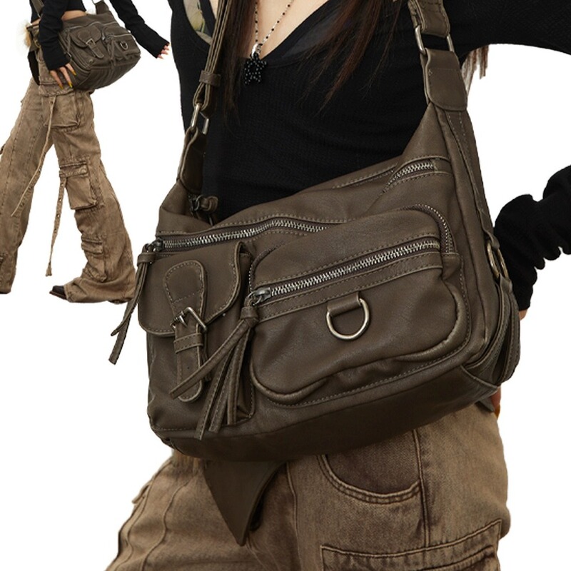 European and American Retro Spice Girl Style Locomer Bag Brown Multi-Pocket Single Shoulder Crossbody Bag Women's Washed Old Underarm Bag