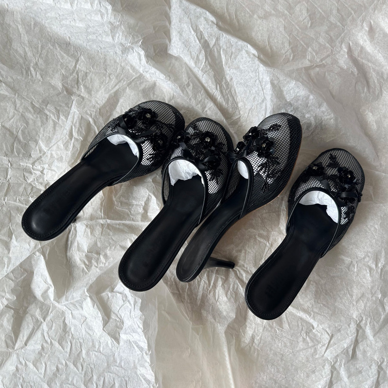 Cross-border Mesh Embroidered Slip-on High Heels Baotou Round Head Outer Wear Sandals Slippers Fashionable Elegant Mueller Shoes Women