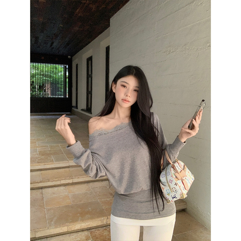 Moses Queen/魔西女王纯欲风露肩蕾丝拼接女春收腰长袖蝙蝠袖上衣|undefined