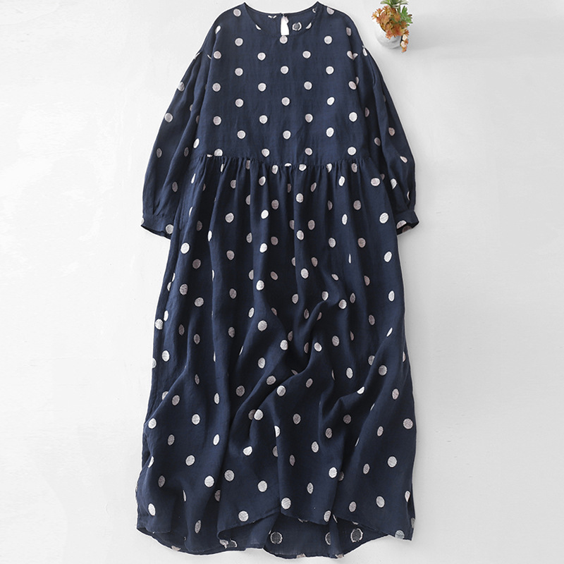 Autumn retro blue elegant long-sleeve with a round collar