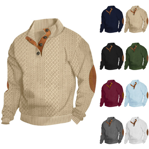 New Autumn/Winter European Code Men's Outdoor Casual Stand Collar Long Sleeve Embroidered Knit Hoodie with Button
